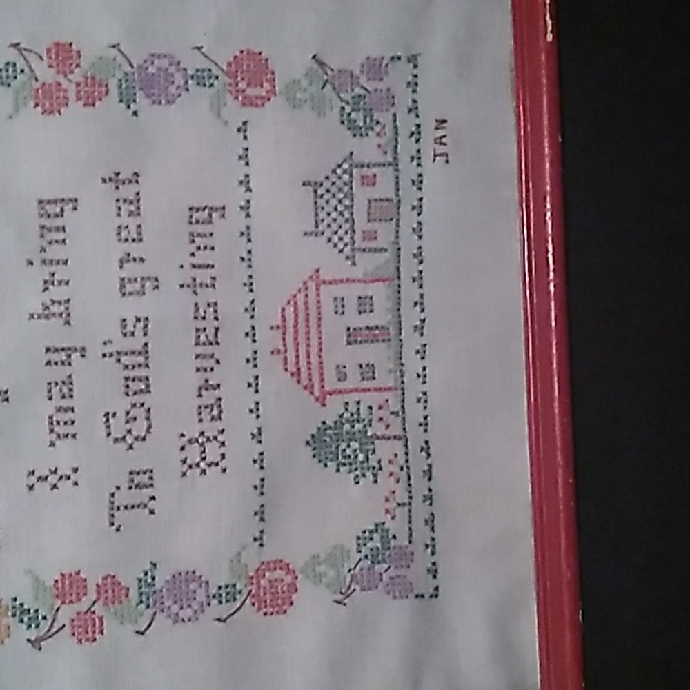 Vintage 1973 Framed "My Garden" Cross-Stitch Art with Red Frame - Picture 5 of 9